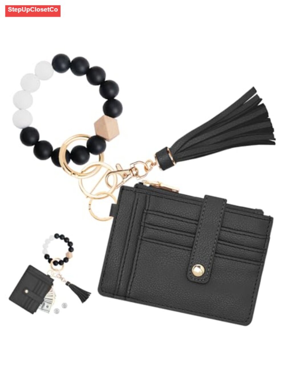 RFID Blocking Wristlet Wallet with Beaded Strap, Faux Leather Keychain